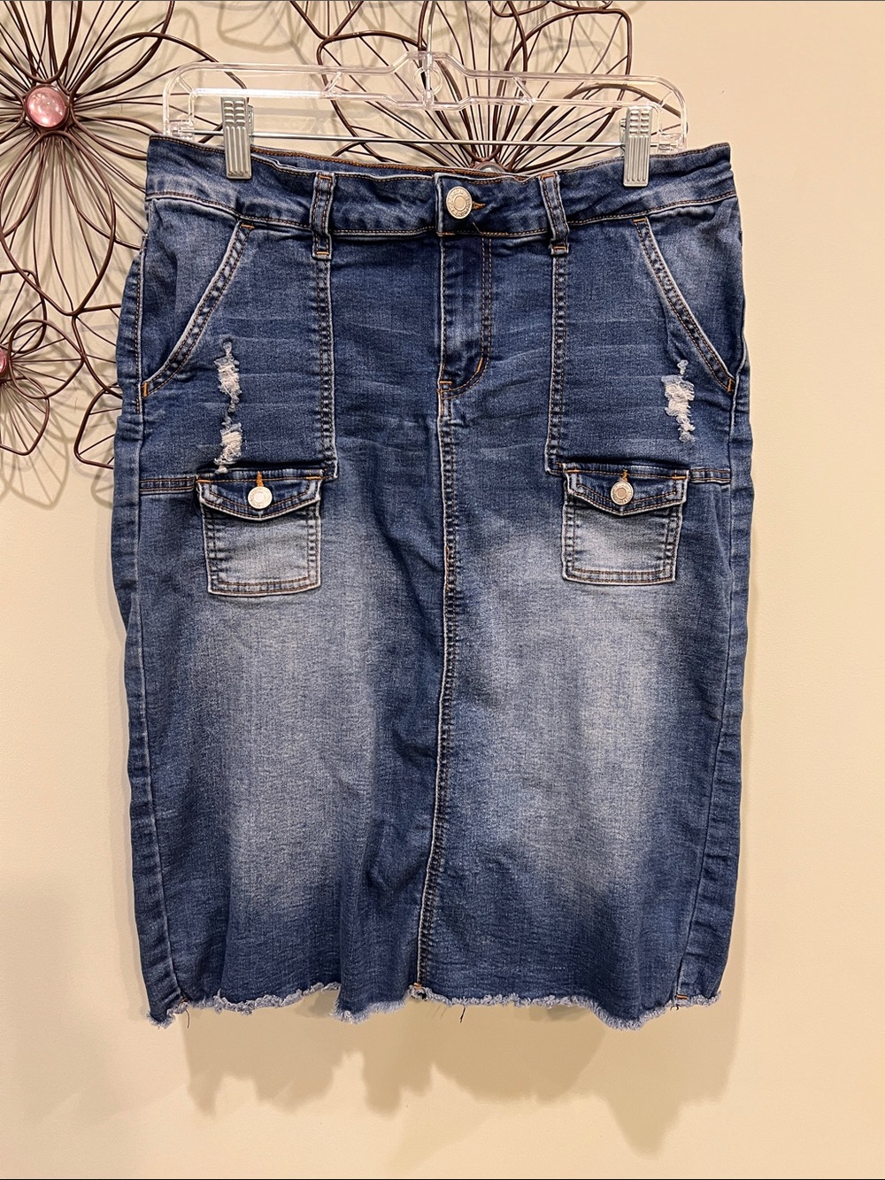 Women’s Blue Denim Cargo-Style Midi Skirt